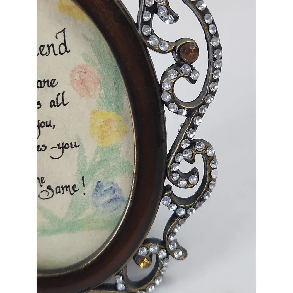 Vintage 80s-90s Mini Ornate Bejeweled Oval Picture Frame Glass Rhinestones 4.5